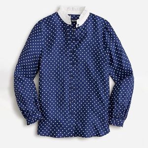J Crew Drapey cupro-blend ruffle-trim navy shirt in polka dot pattern